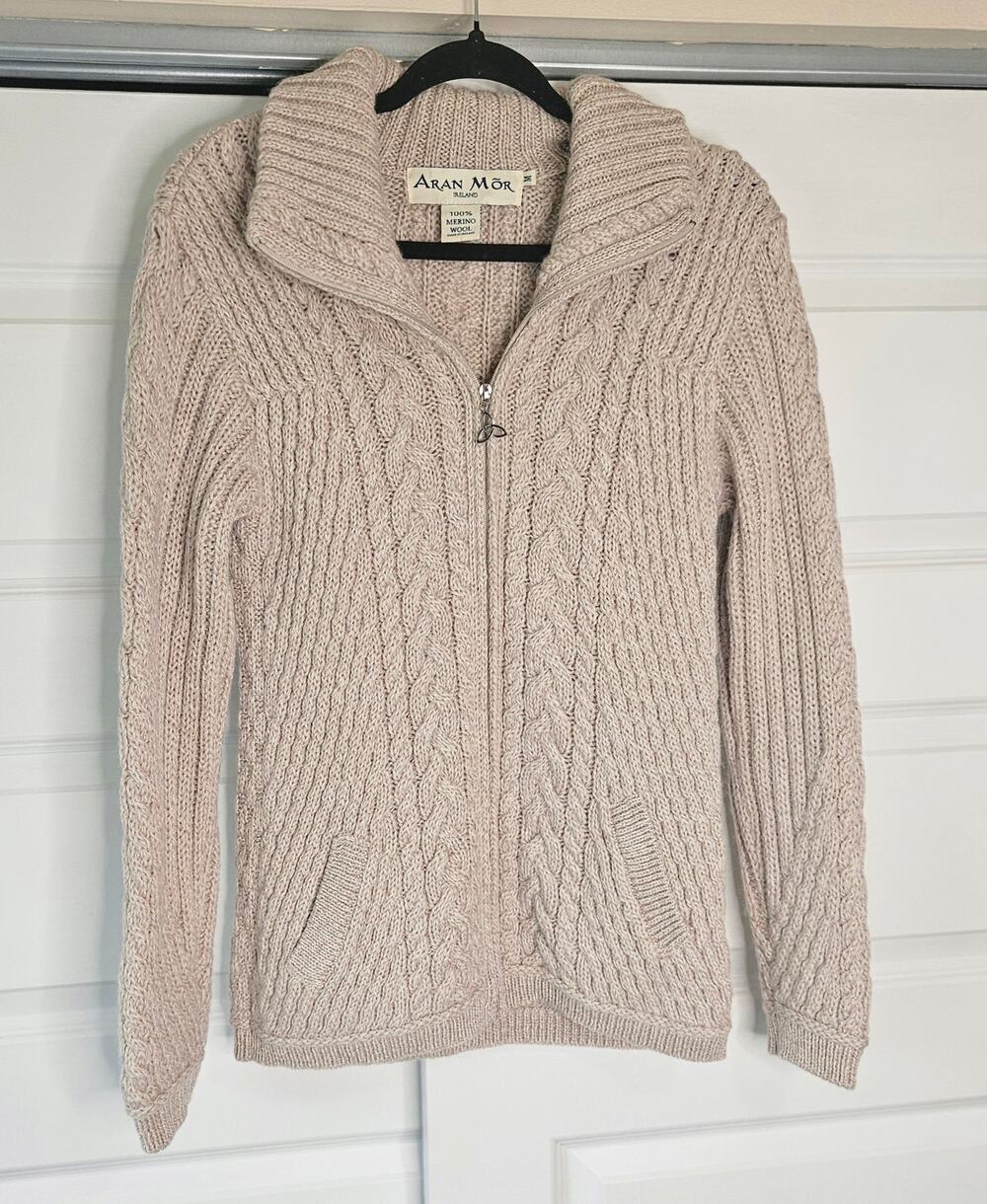 Aran Mór Ireland Merino Wool Cable Knit Full Zip Cardigan Sweater Medium Beige